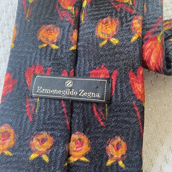 Ermenegildo Zegna Tulip Floral Black Silk Neck Tie Orange Pink Colorful - Picture 5 of 5